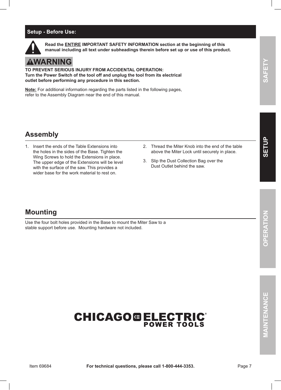 Assembly, Mounting, Safety opera tion maintenance setup | Chicago Electric Power Tools 12" DOUBLE-BEVEL SLIDING COMPOUND MITER SAW WITH LASER GUIDE 69684 User Manual | Page 7 / 20