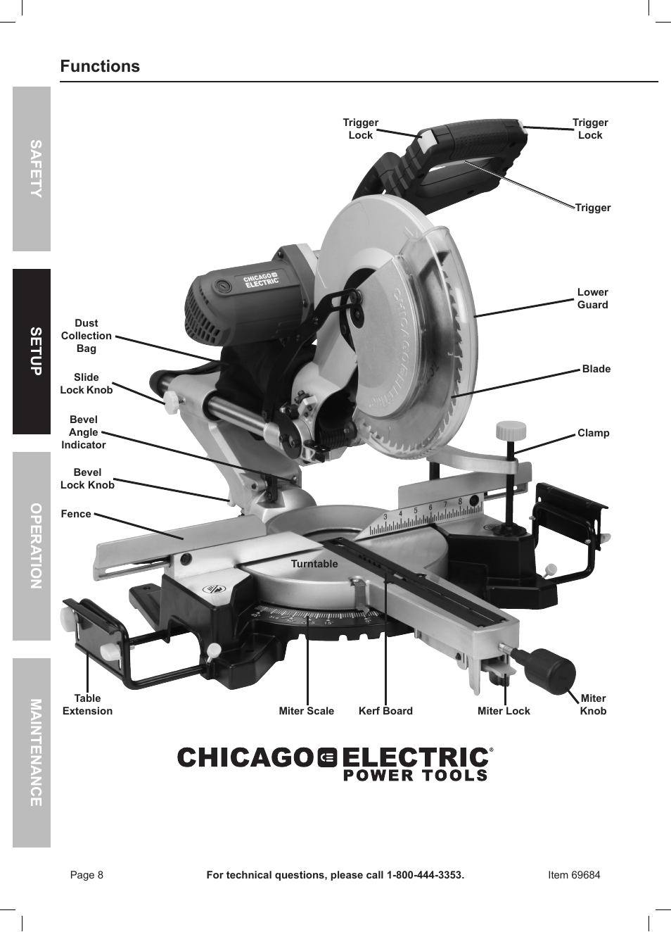 Functions, Safety opera tion maintenance setup | Chicago Electric Power Tools 12" DOUBLE-BEVEL SLIDING COMPOUND MITER SAW WITH LASER GUIDE 69684 User Manual | Page 8 / 20
