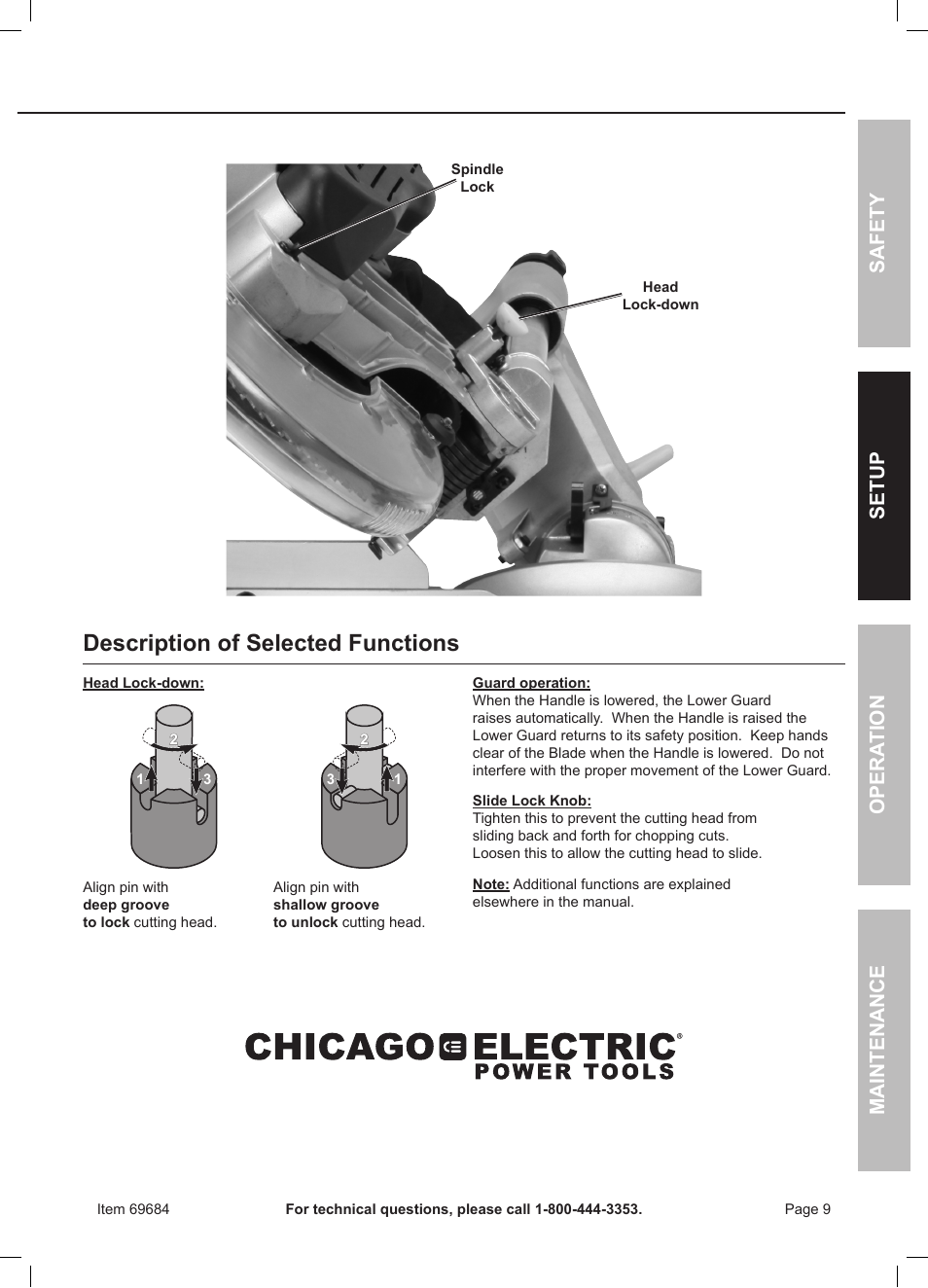 Functions description of selected functions, Safety opera tion maintenance setup | Chicago Electric Power Tools 12" DOUBLE-BEVEL SLIDING COMPOUND MITER SAW WITH LASER GUIDE 69684 User Manual | Page 9 / 20