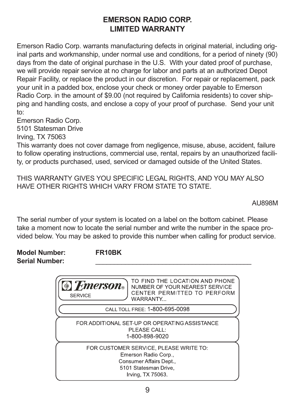 Emerson Radio FR10BK User Manual | Page 9 / 11