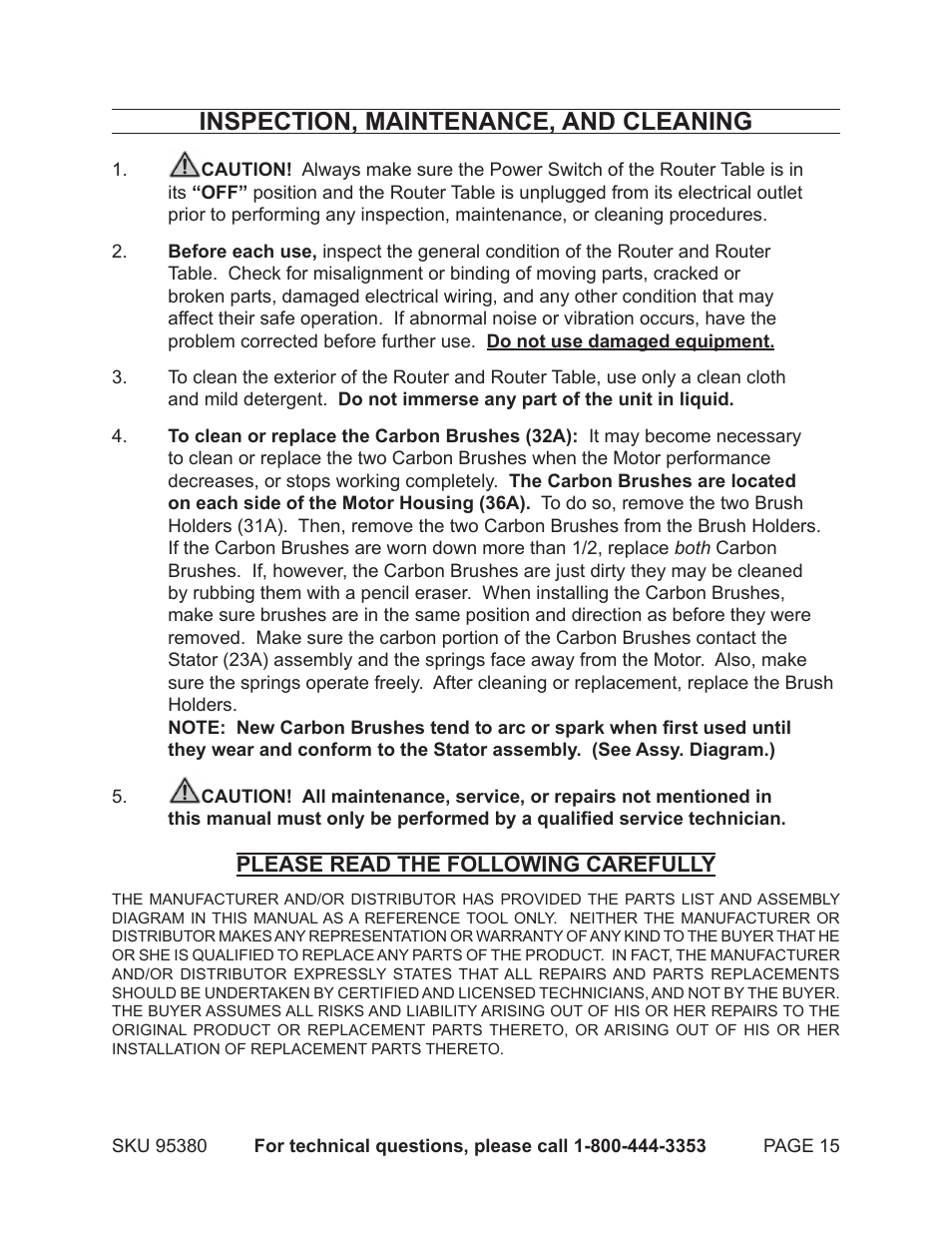 Inspection, maintenance, and cleaning | Chicago Electric ROUTER TABLE WITH ROUTER 95380 User Manual | Page 15 / 18