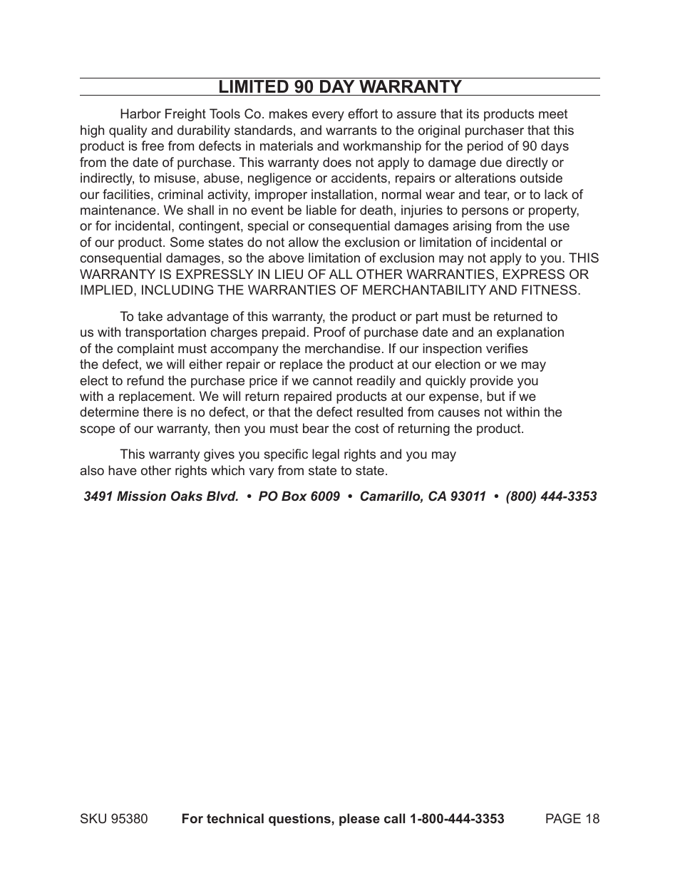 Limited 90 day warranty | Chicago Electric ROUTER TABLE WITH ROUTER 95380 User Manual | Page 18 / 18