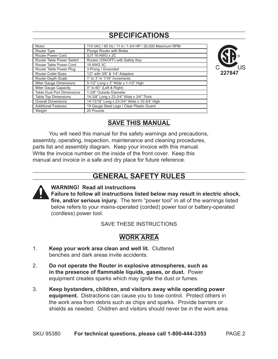 Specifications, General safety rules, Save this manual | Work area | Chicago Electric ROUTER TABLE WITH ROUTER 95380 User Manual | Page 2 / 18