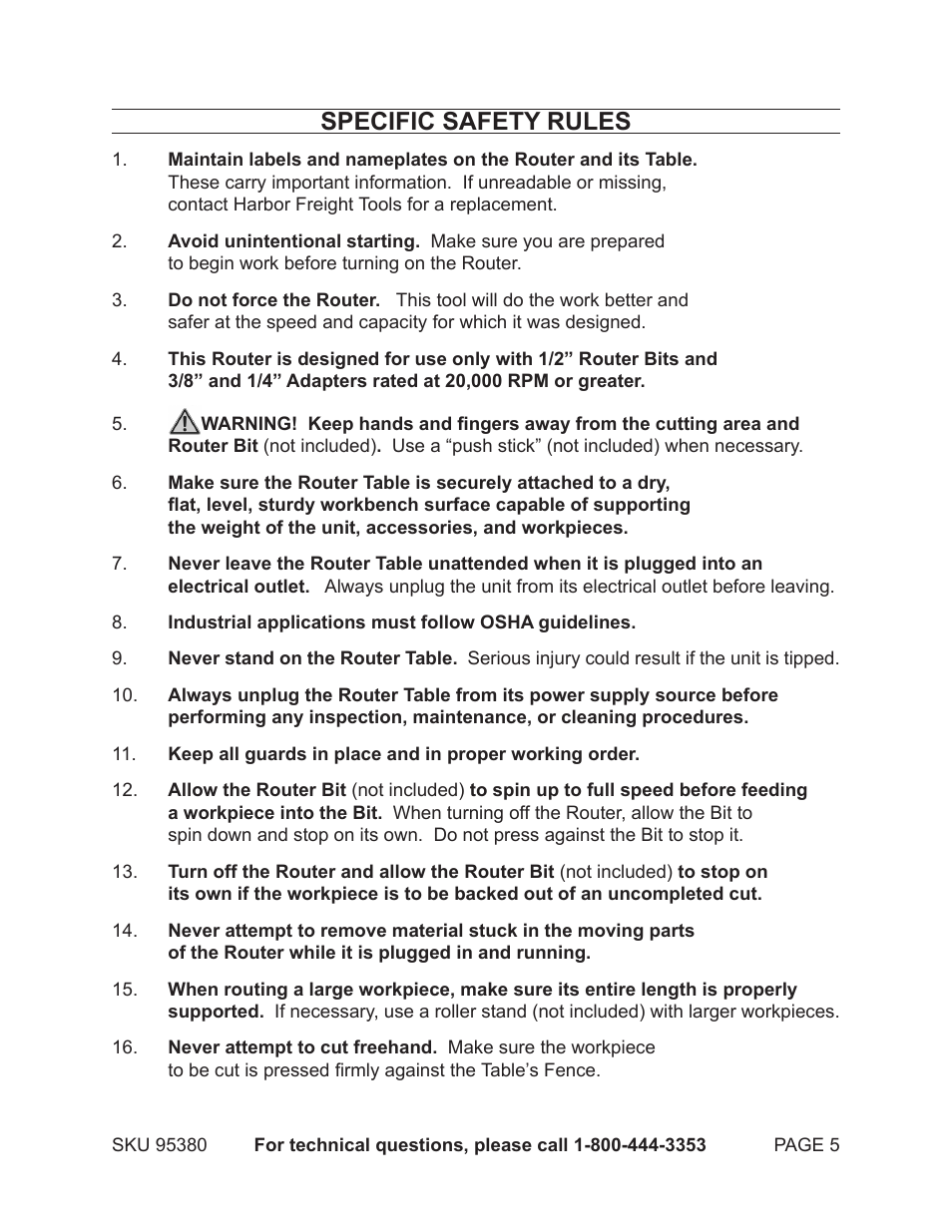 Specific safety rules | Chicago Electric ROUTER TABLE WITH ROUTER 95380 User Manual | Page 5 / 18