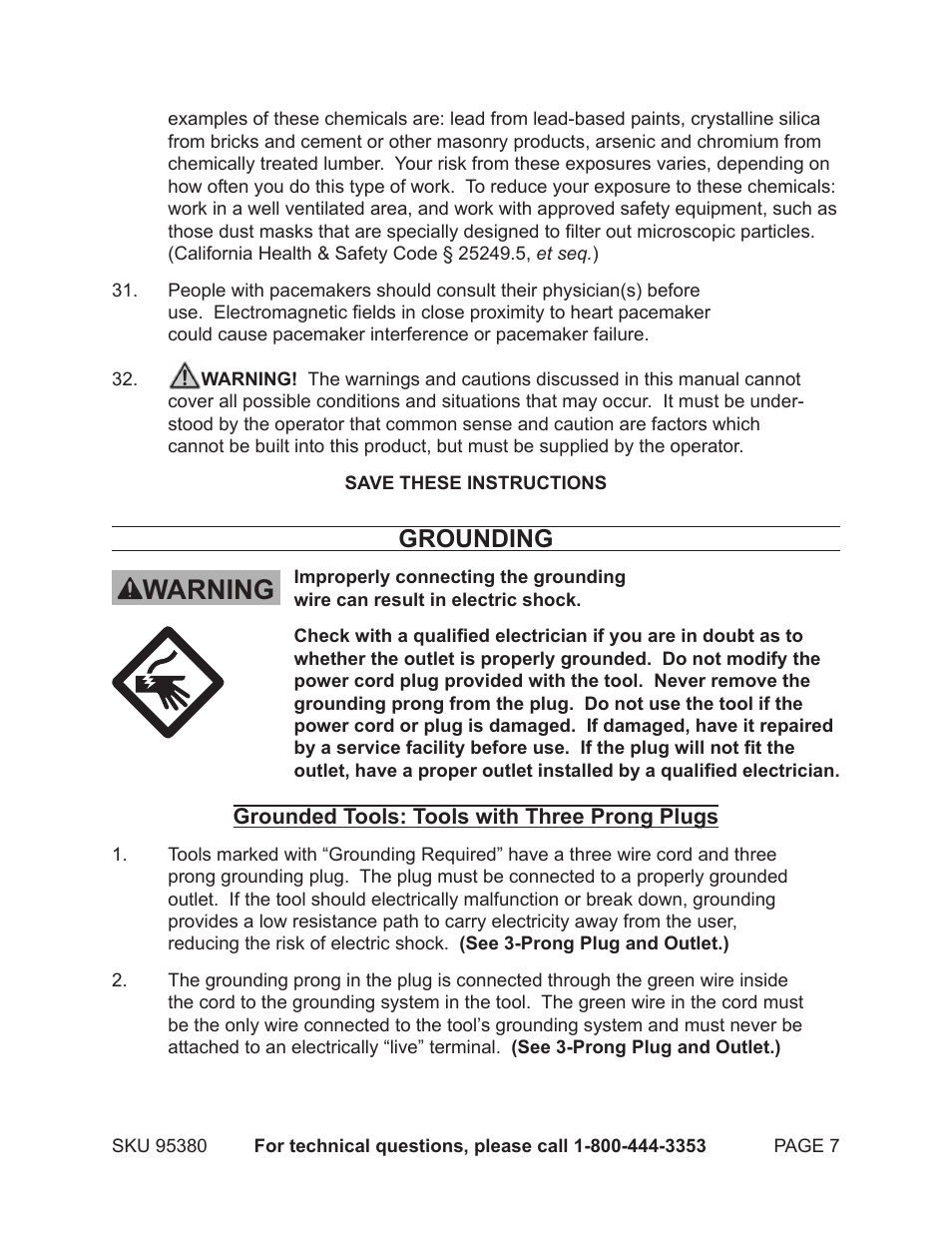 Warning, Grounding | Chicago Electric ROUTER TABLE WITH ROUTER 95380 User Manual | Page 7 / 18