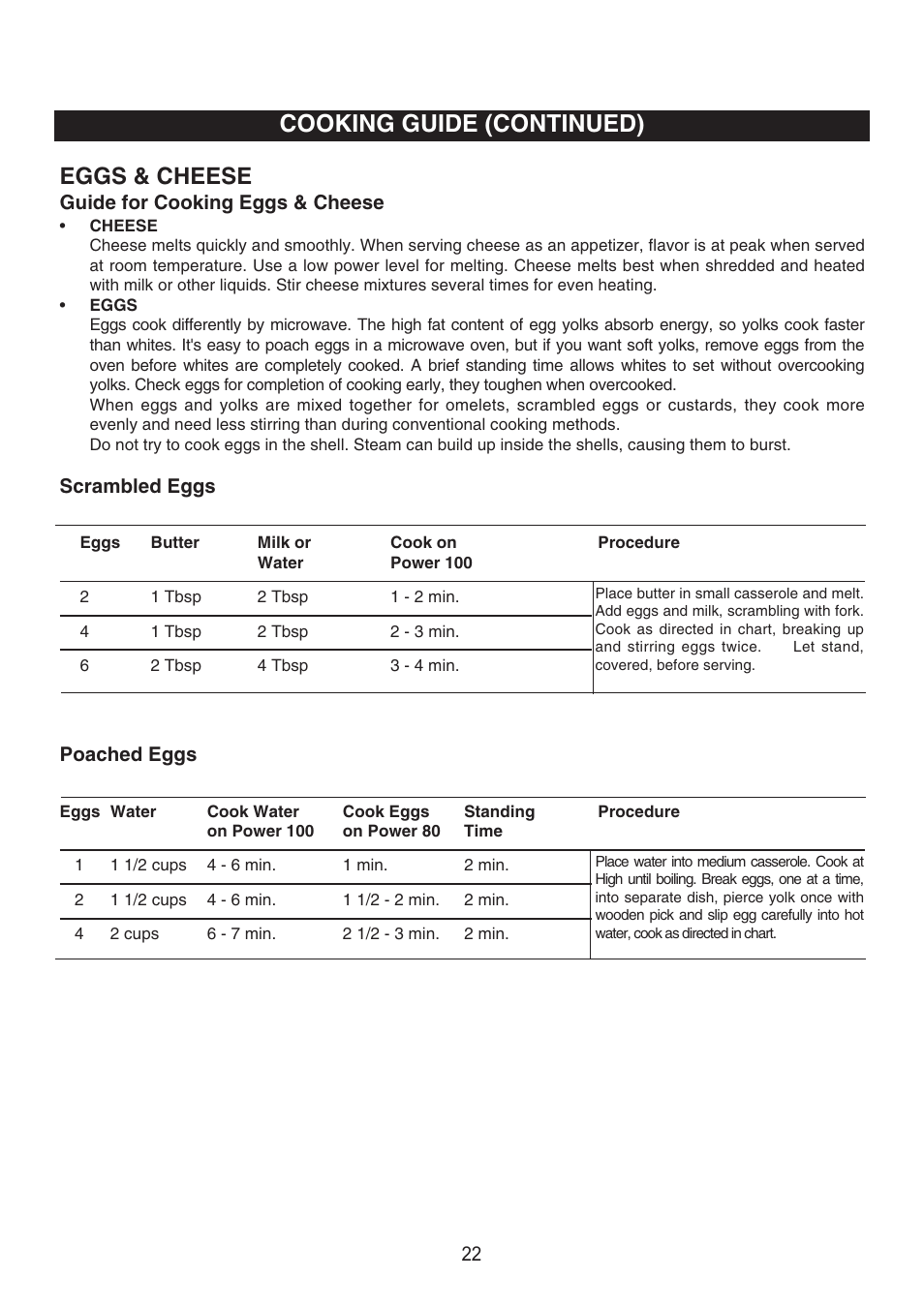 Cooking guide (continued), Eggs & cheese | Emerson Radio MW8999RD User Manual | Page 23 / 31