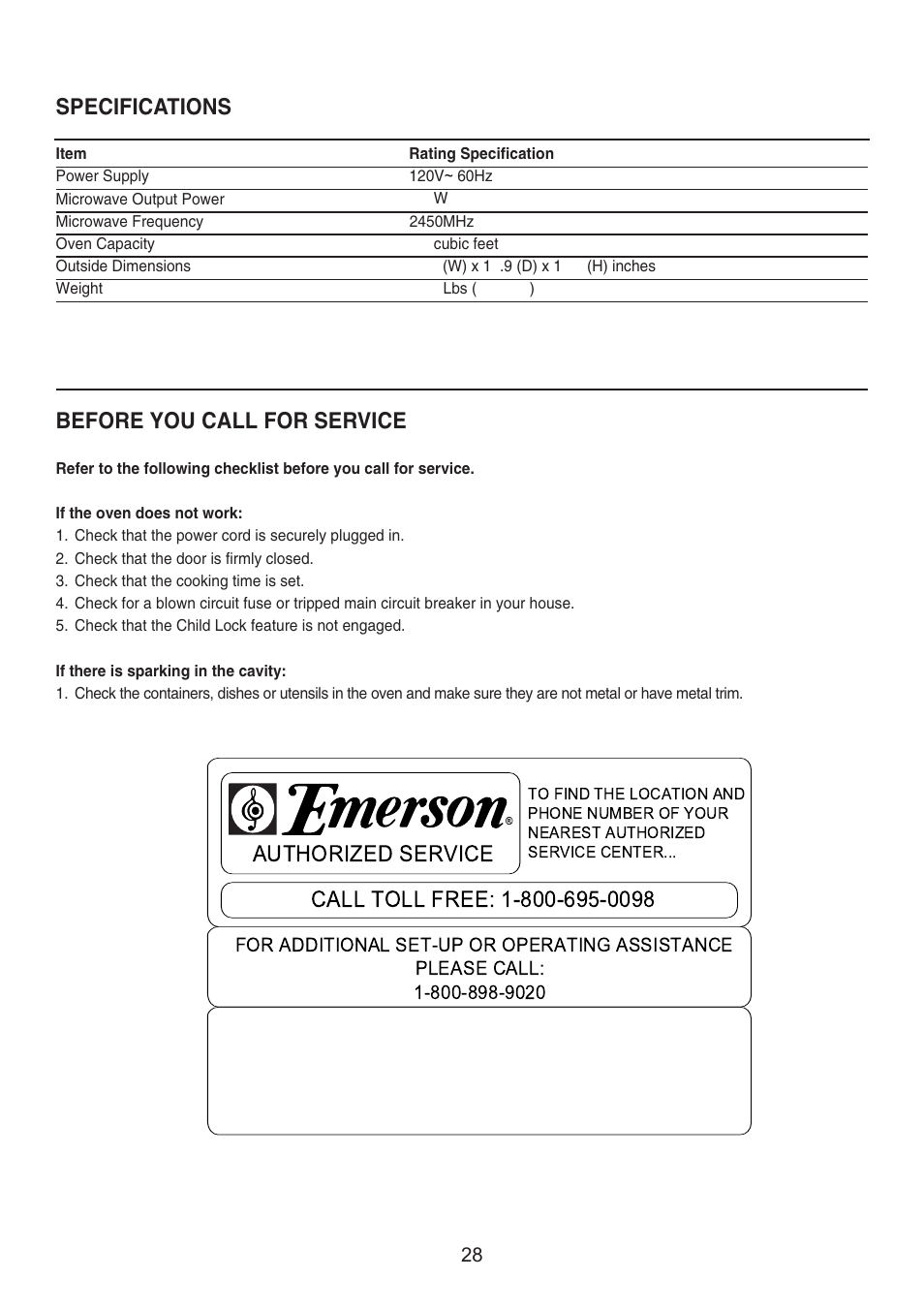 Specifications, Before you call for service | Emerson Radio MW8999RD User Manual | Page 29 / 31