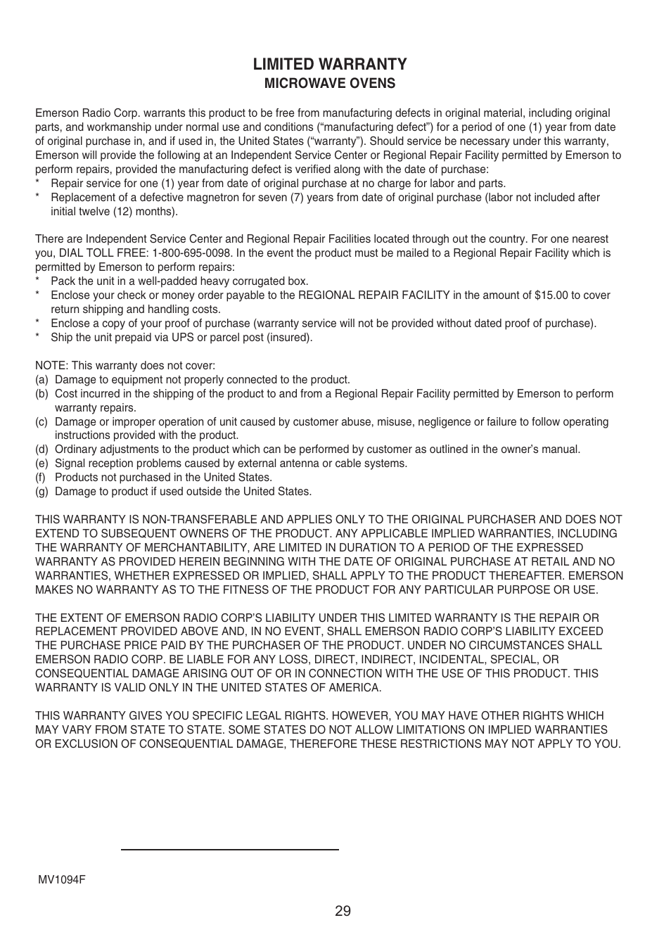 Limited warranty | Emerson Radio MW8999RD User Manual | Page 30 / 31