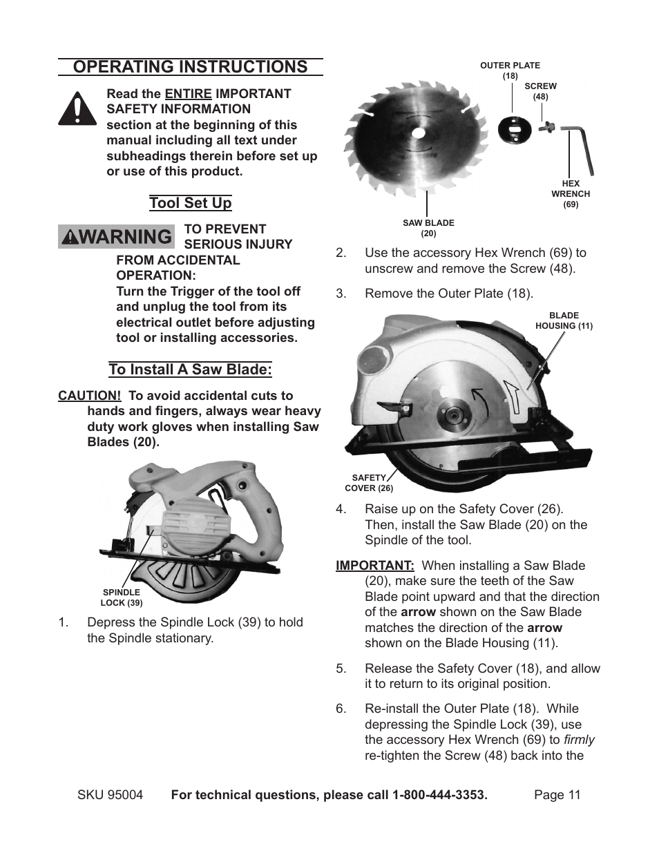 Operating instructions, Tool set up | Chicago Electric Circular Saw with Laser 95004 User Manual | Page 11 / 18