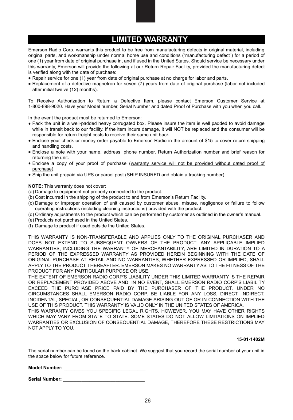 Limited warranty | Emerson Radio MW1107B User Manual | Page 27 / 28