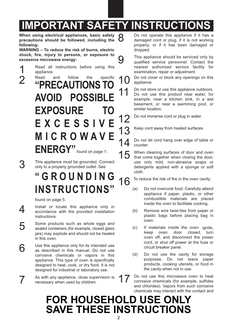 Important safety instructions, For household use only save these instructions | Emerson Radio MW1107B User Manual | Page 3 / 28
