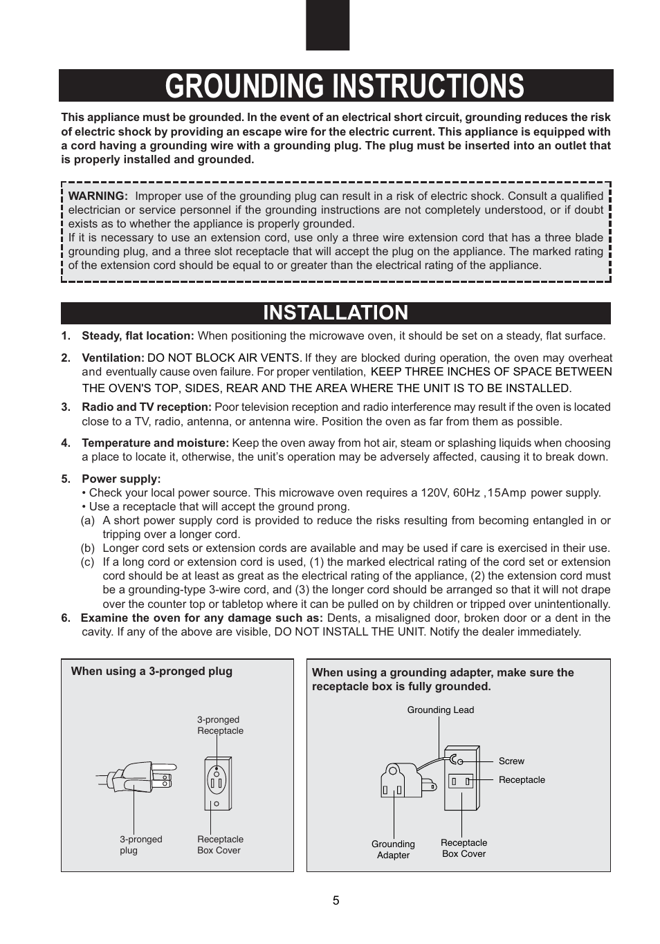 Grounding instructions, Installation | Emerson Radio MW1107B User Manual | Page 6 / 28