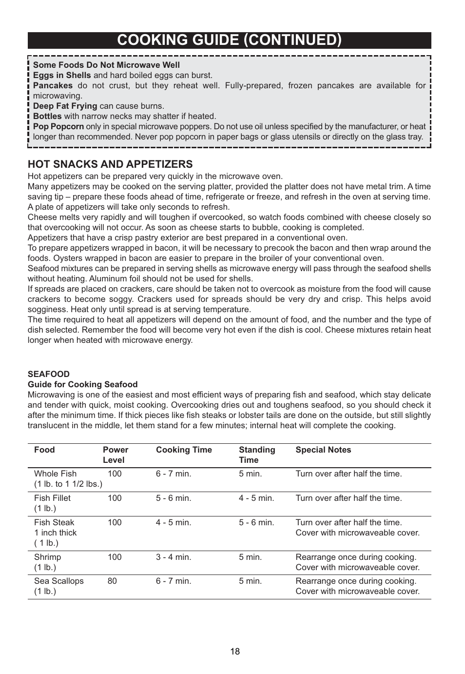 Cooking guide (continued), Hot snacks and appetizers | Emerson Radio MW1188W User Manual | Page 19 / 28