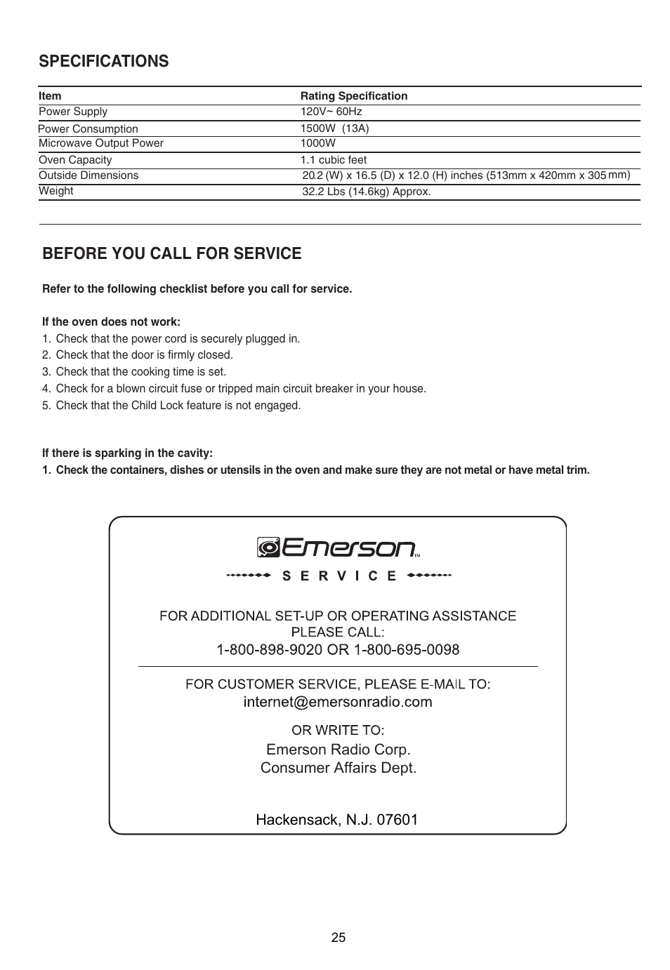 Specifications, Before you call for service | Emerson Radio MW1188W User Manual | Page 26 / 28