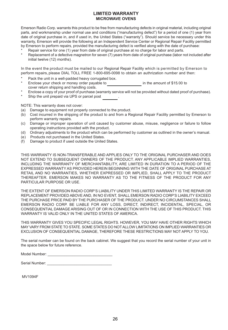 Emerson Radio MW1188W User Manual | Page 27 / 28