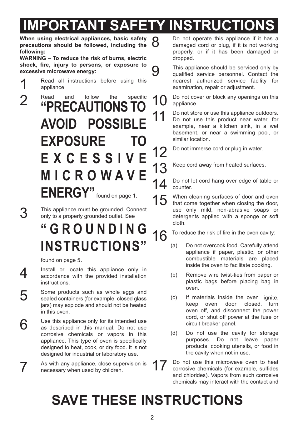 Important safety instructions, Save these instructions | Emerson Radio MW1188W User Manual | Page 3 / 28