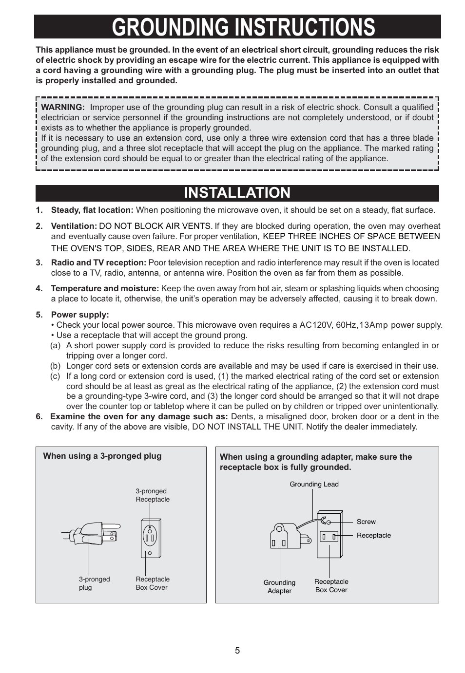 Grounding instructions, Installation | Emerson Radio MW1188W User Manual | Page 6 / 28