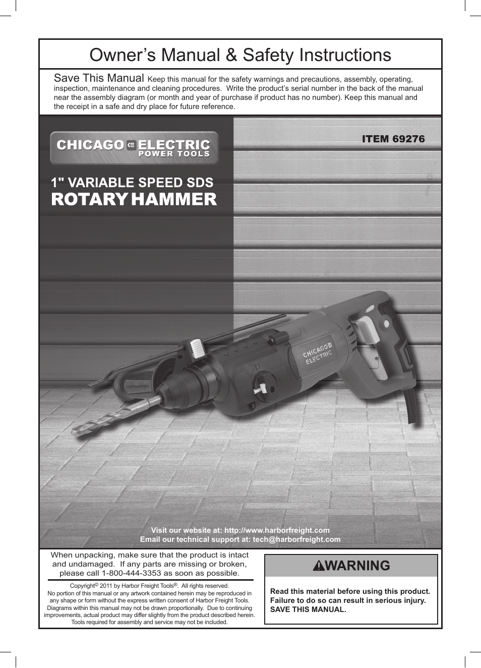 Chicago Electric Power Tools / 1" Variable Speed SDS Rotary Hammer 69276 User Manual | 16 pages