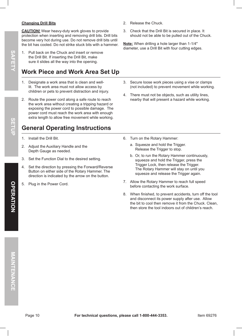 Work piece and work area set up, General operating instructions | Chicago Electric Power Tools / 1" Variable Speed SDS Rotary Hammer 69276 User Manual | Page 10 / 16