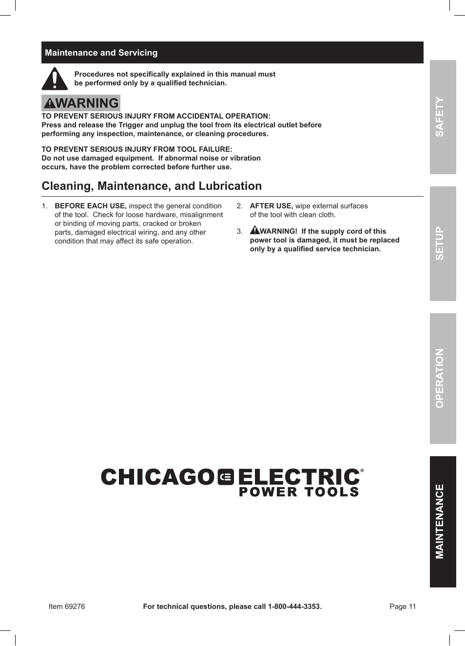 Cleaning, maintenance, and lubrication | Chicago Electric Power Tools / 1" Variable Speed SDS Rotary Hammer 69276 User Manual | Page 11 / 16