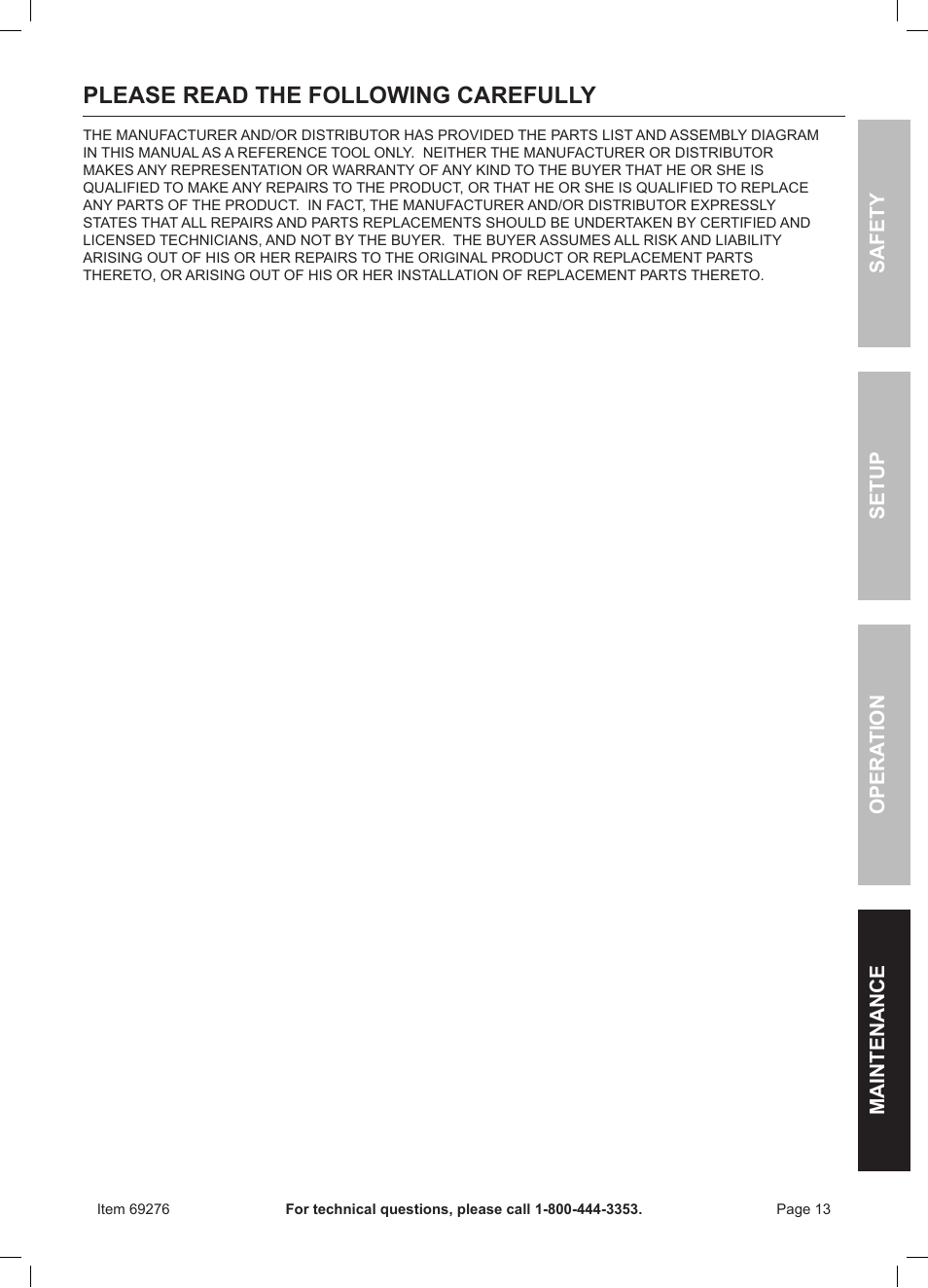 Please read the following carefully | Chicago Electric Power Tools / 1" Variable Speed SDS Rotary Hammer 69276 User Manual | Page 13 / 16