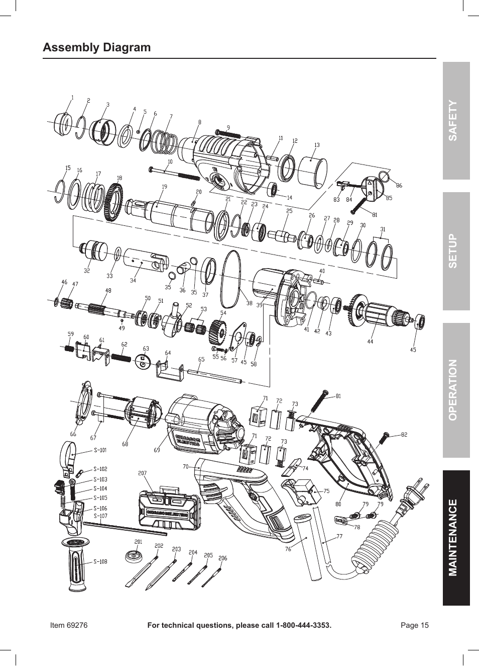 Assembly diagram | Chicago Electric Power Tools / 1" Variable Speed SDS Rotary Hammer 69276 User Manual | Page 15 / 16