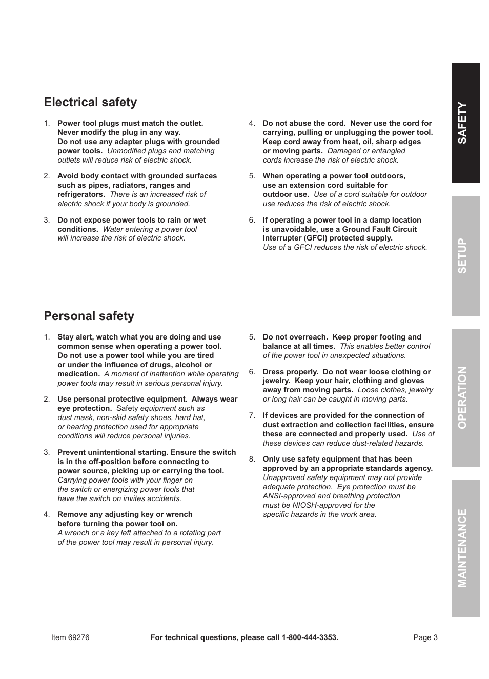 Electrical safety, Personal safety | Chicago Electric Power Tools / 1" Variable Speed SDS Rotary Hammer 69276 User Manual | Page 3 / 16