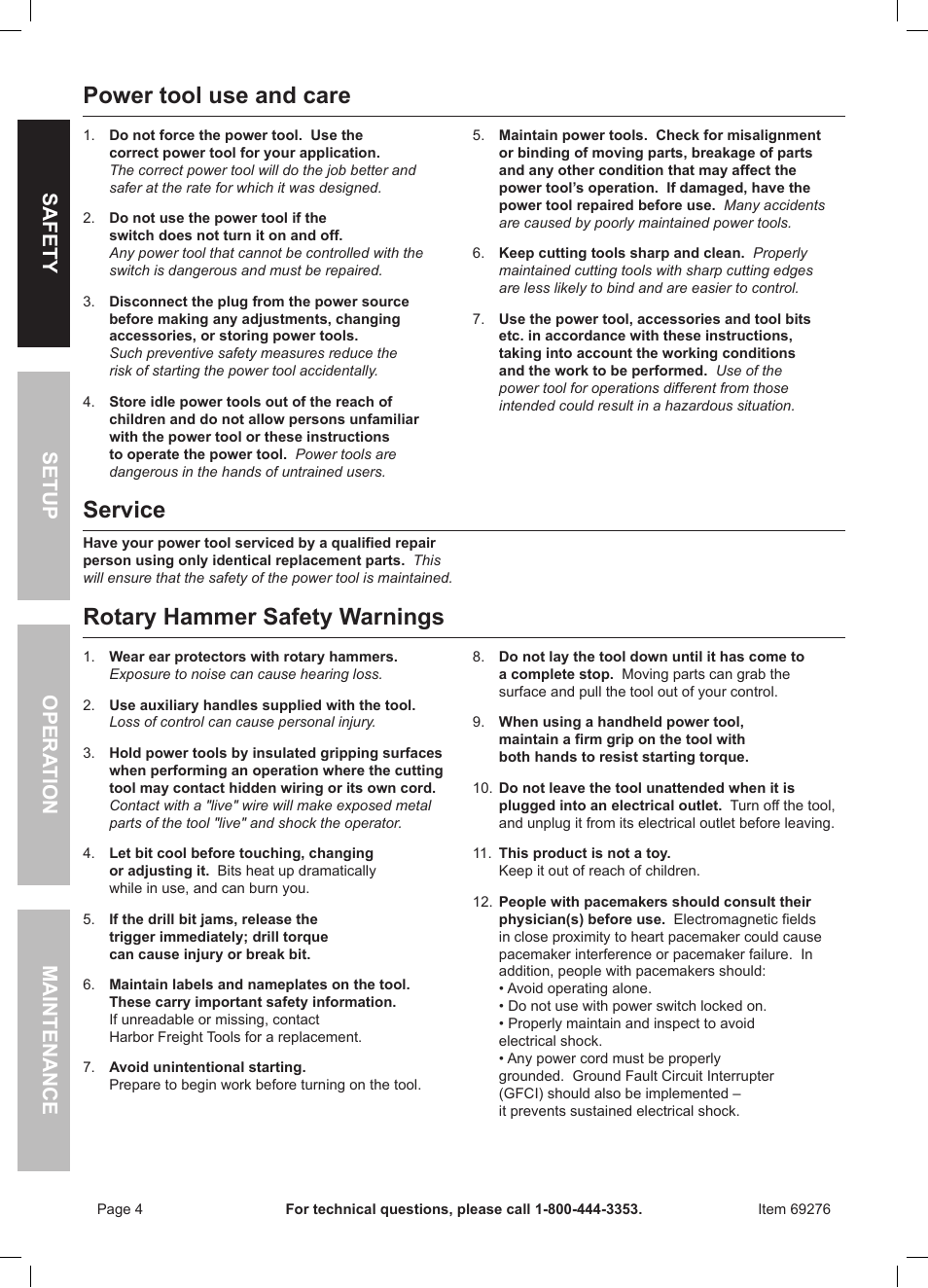 Power tool use and care, Service, Rotary hammer safety warnings | Chicago Electric Power Tools / 1" Variable Speed SDS Rotary Hammer 69276 User Manual | Page 4 / 16