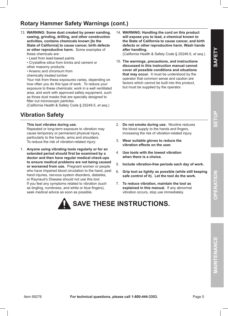 Save these instructions, Vibration safety, Rotary hammer safety warnings (cont.) | Chicago Electric Power Tools / 1" Variable Speed SDS Rotary Hammer 69276 User Manual | Page 5 / 16