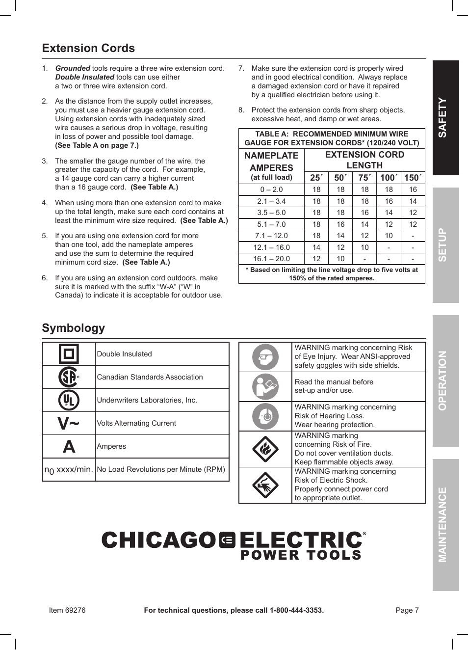 Extension cords, Symbology | Chicago Electric Power Tools / 1" Variable Speed SDS Rotary Hammer 69276 User Manual | Page 7 / 16