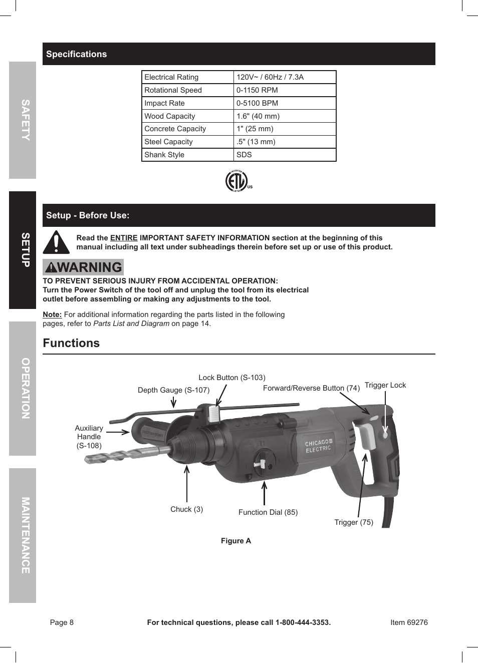 Functions | Chicago Electric Power Tools / 1" Variable Speed SDS Rotary Hammer 69276 User Manual | Page 8 / 16