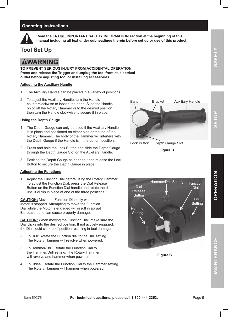 Tool set up | Chicago Electric Power Tools / 1" Variable Speed SDS Rotary Hammer 69276 User Manual | Page 9 / 16