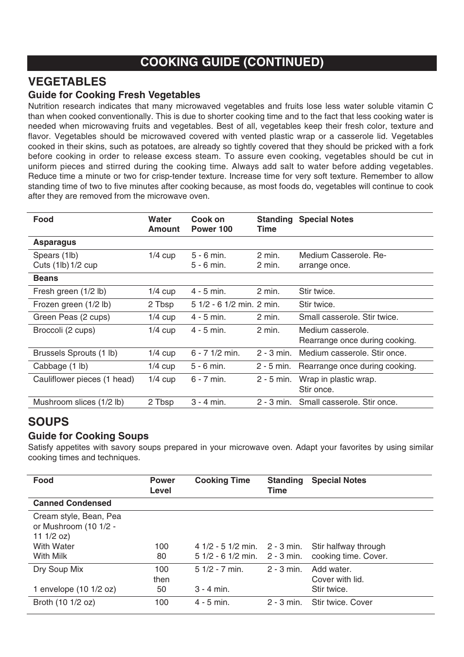 Cooking guide (continued), Vegetables, Soups | Emerson Radio MW8117W User Manual | Page 23 / 30