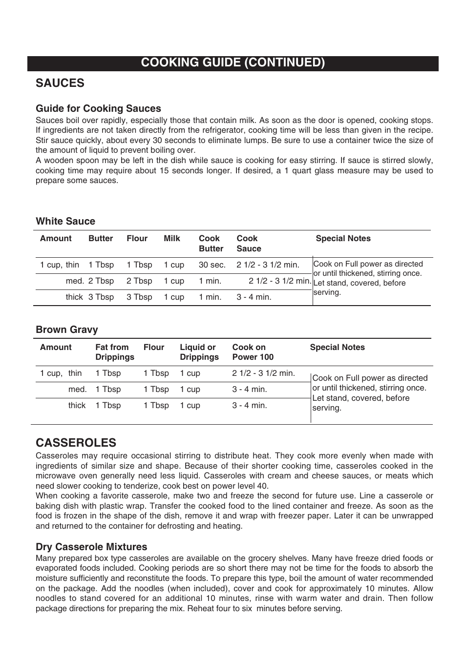 Cooking guide (continued), Sauces, Casseroles | Emerson Radio MW8117W User Manual | Page 24 / 30