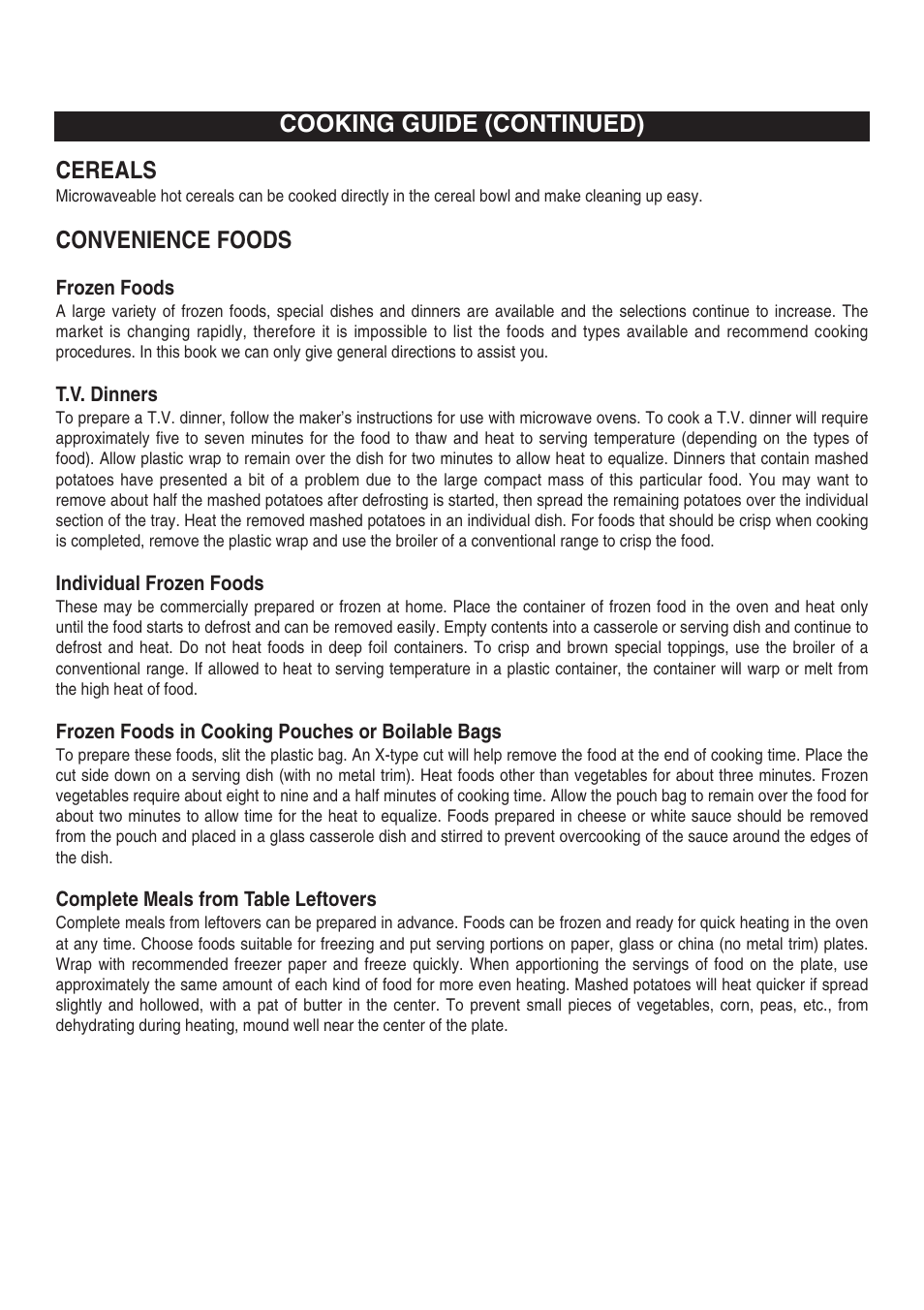 Cooking guide (continued), Cereals, Convenience foods | Emerson Radio MW8117W User Manual | Page 26 / 30