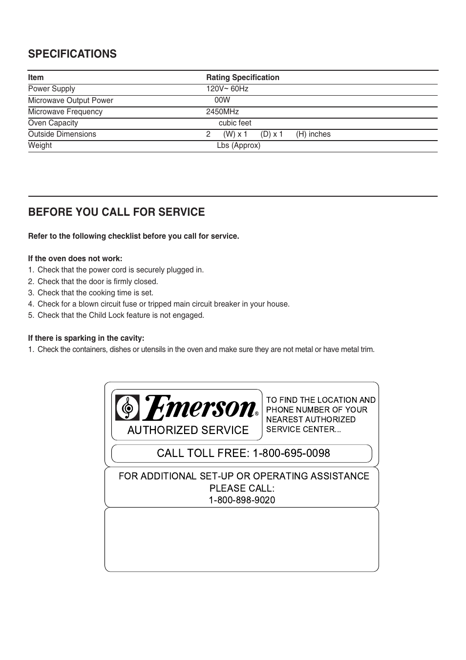 Specifications, Before you call for service | Emerson Radio MW8117W User Manual | Page 28 / 30