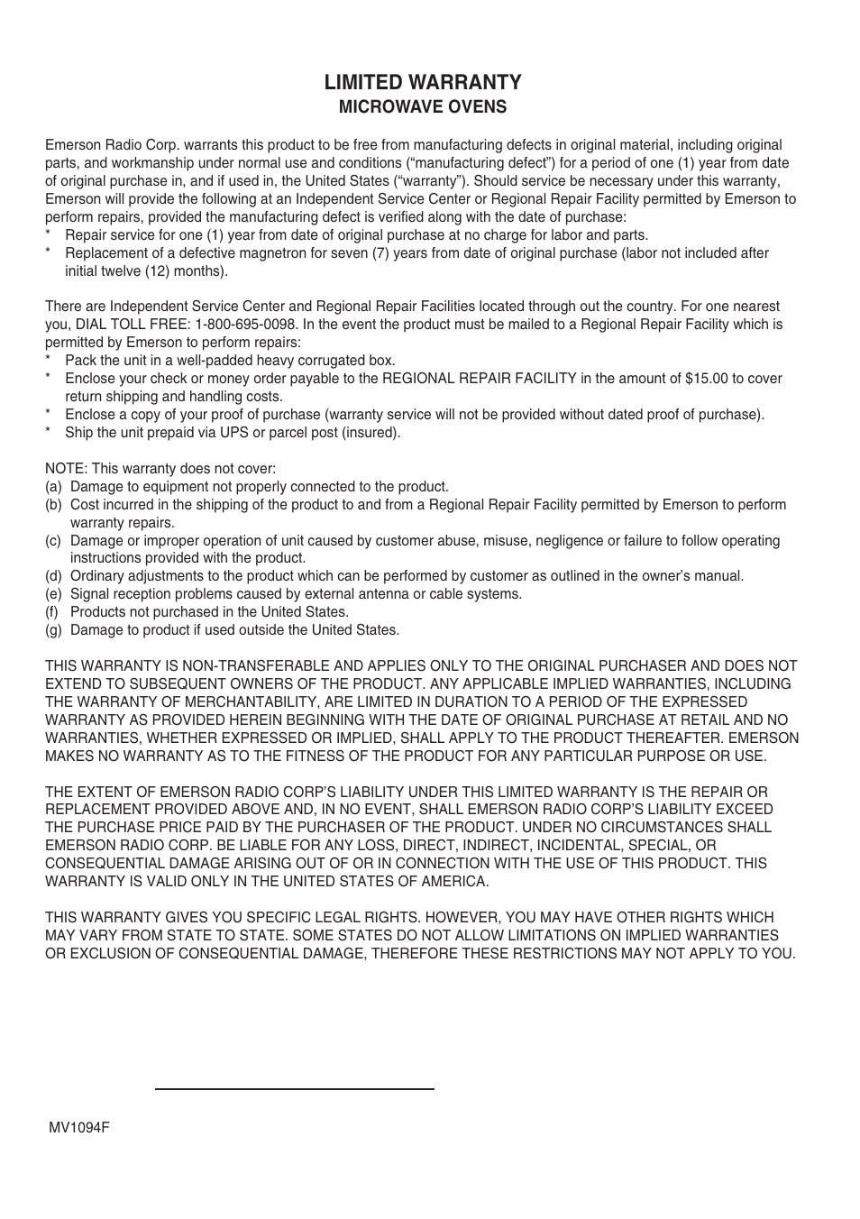 Limited warranty | Emerson Radio MW8117W User Manual | Page 29 / 30