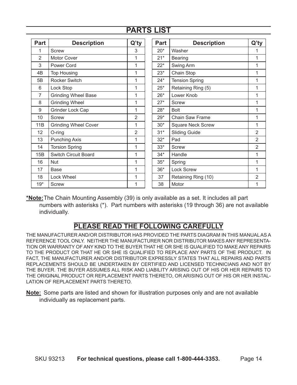 Parts list, Please read the following carefully | Harbor Freight Tools 93213 User Manual | Page 14 / 16