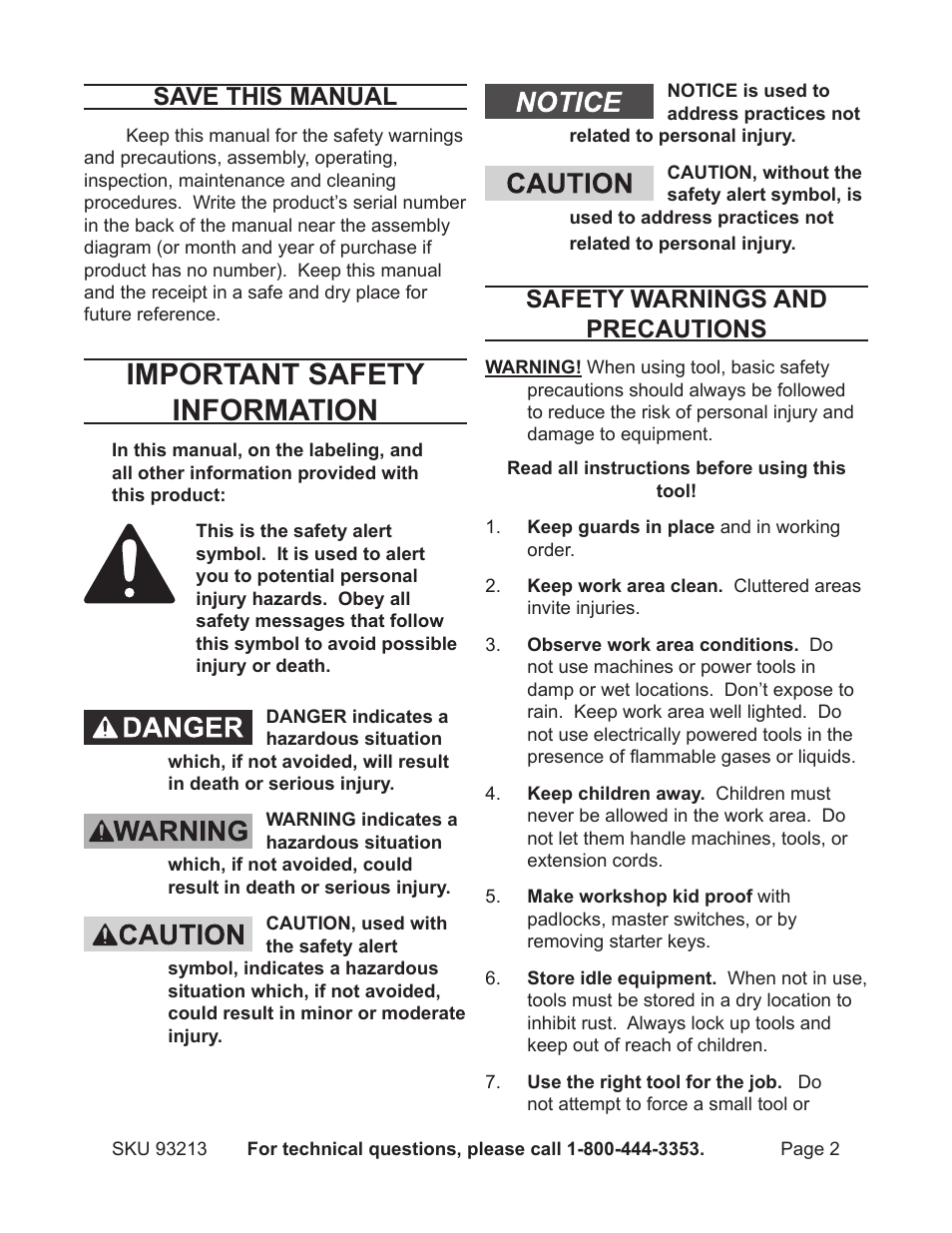 Important safety information, Save this manual, Safety warnings and precautions | Harbor Freight Tools 93213 User Manual | Page 2 / 16