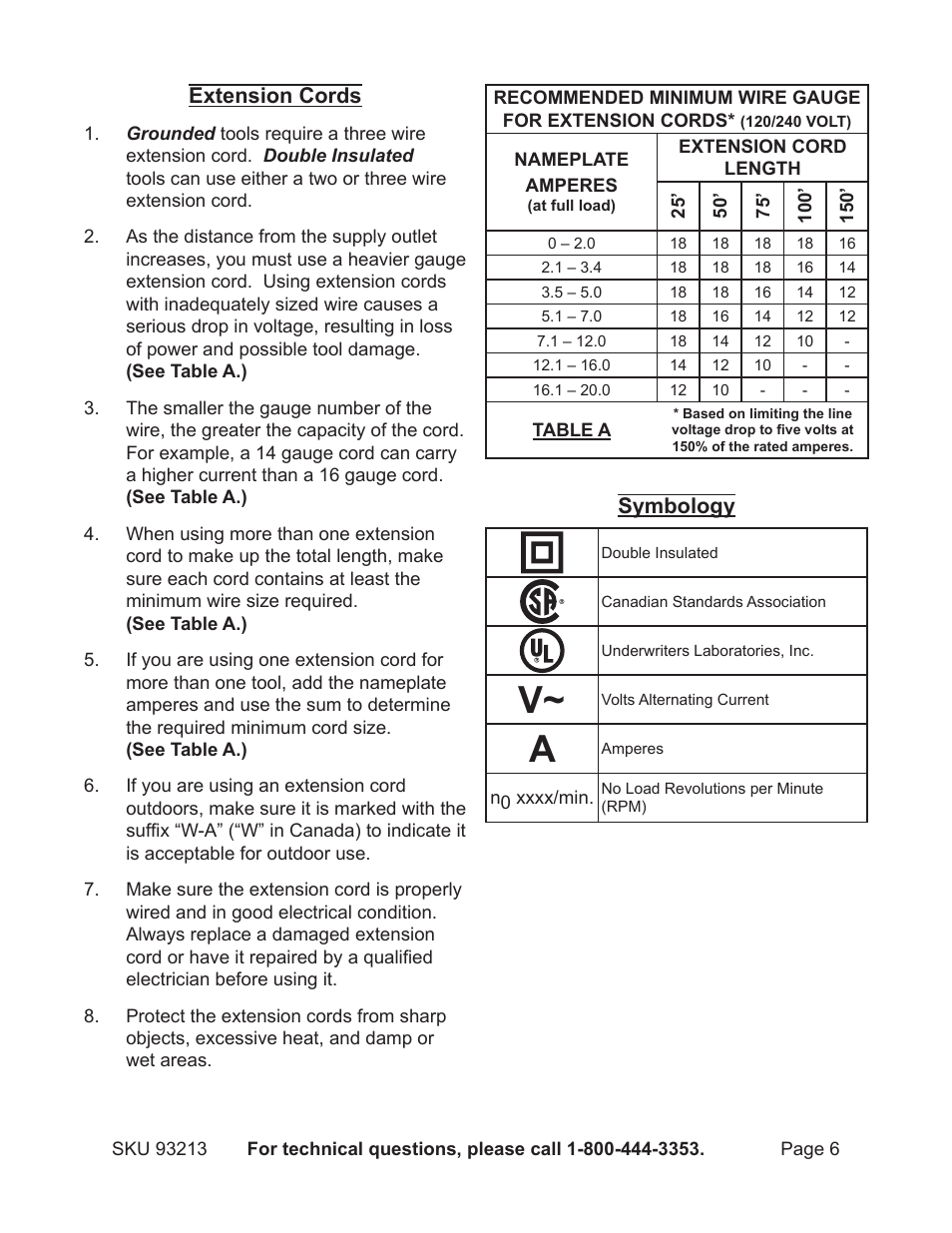 Extension cords, Symbology | Harbor Freight Tools 93213 User Manual | Page 6 / 16