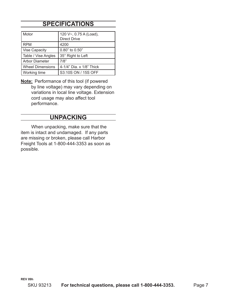 Specifications, Unpacking | Harbor Freight Tools 93213 User Manual | Page 7 / 16