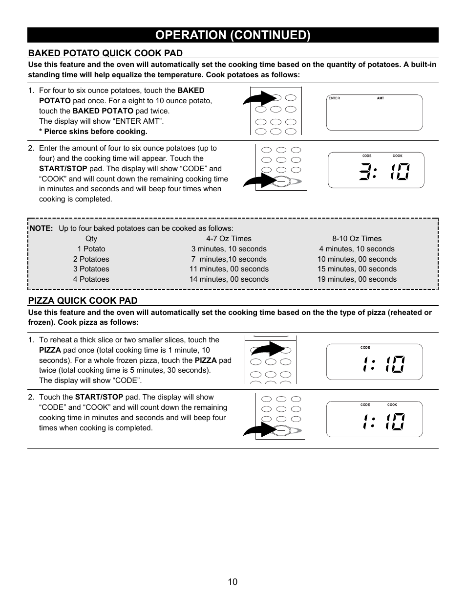 Operation (continued), 10 baked potato quick cook pad, Pizza quick cook pad | Emerson Radio MW8780SS User Manual | Page 10 / 28