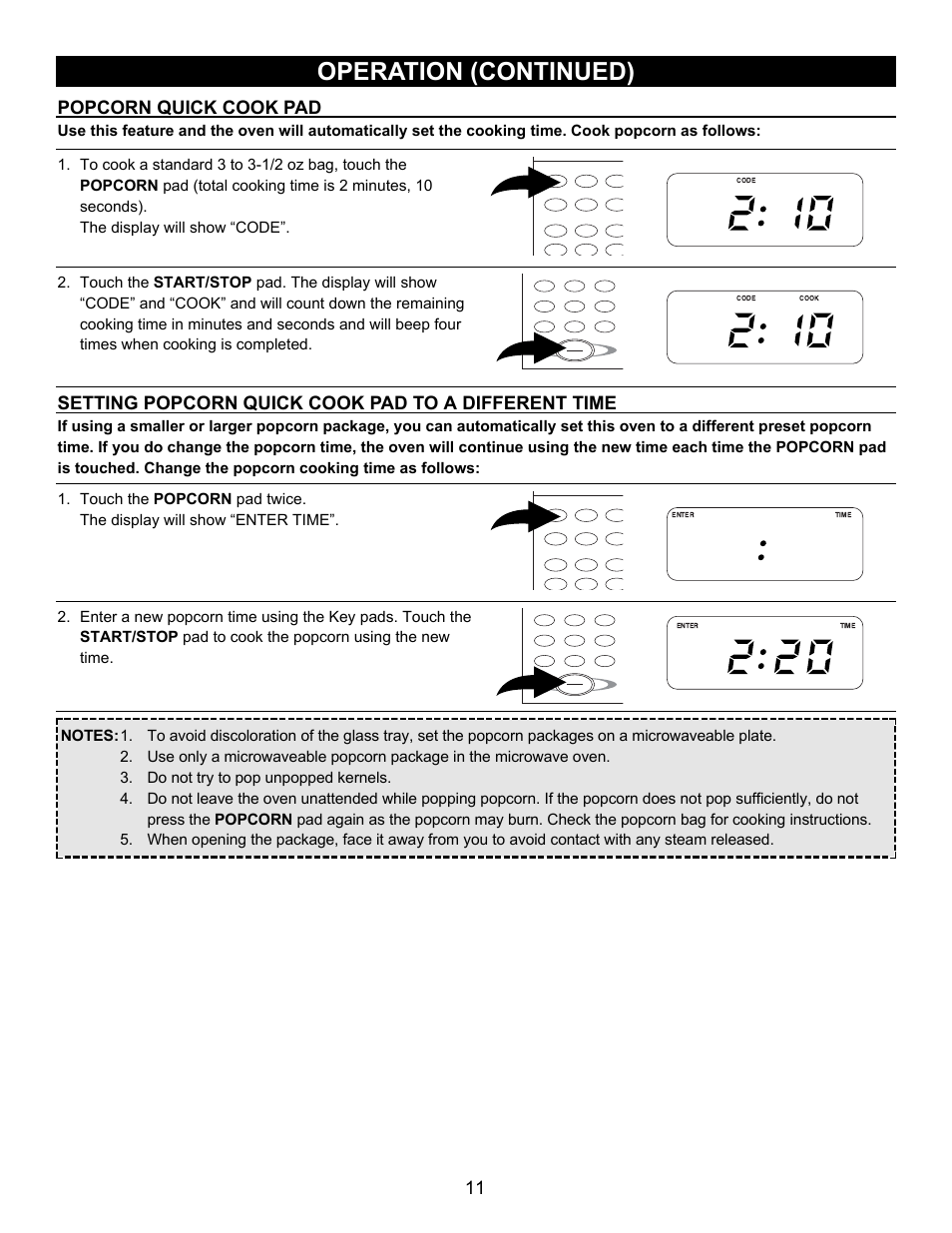 Operation (continued), Popcorn quick cook pad, Setting popcorn quick cook pad to a different time | Emerson Radio MW8780SS User Manual | Page 11 / 28