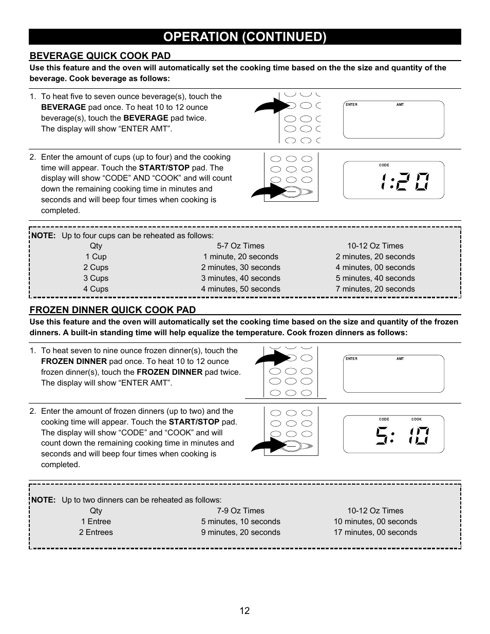 Operation (continued), 12 beverage quick cook pad, Frozen dinner quick cook pad | Emerson Radio MW8780SS User Manual | Page 12 / 28