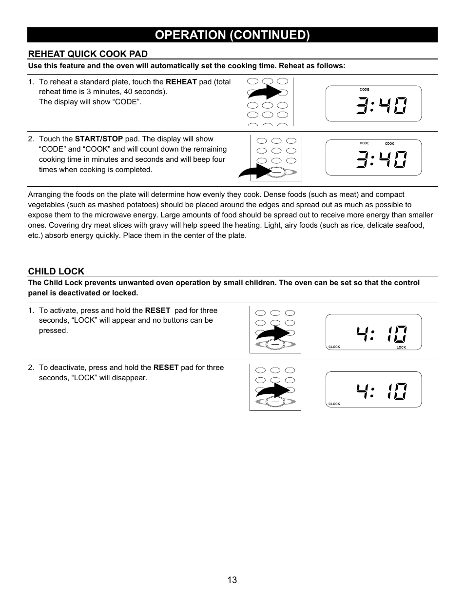 Operation (continued), Reheat quick cook pad, Child lock | Emerson Radio MW8780SS User Manual | Page 13 / 28