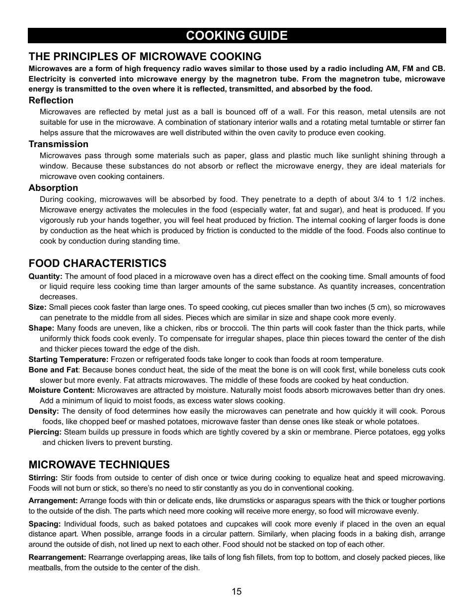 Cooking guide, The principles of microwave cooking, Food characteristics | Microwave techniques | Emerson Radio MW8780SS User Manual | Page 15 / 28