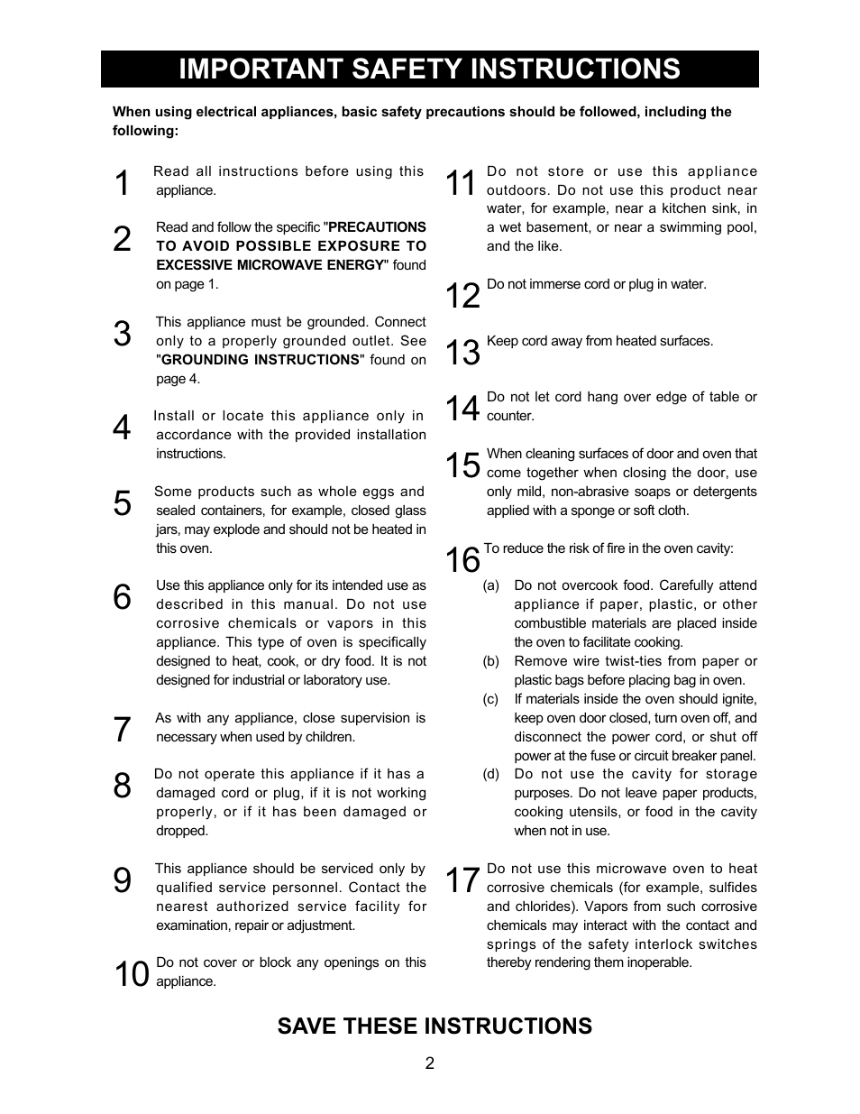 Important safety instructions | Emerson Radio MW8780SS User Manual | Page 2 / 28