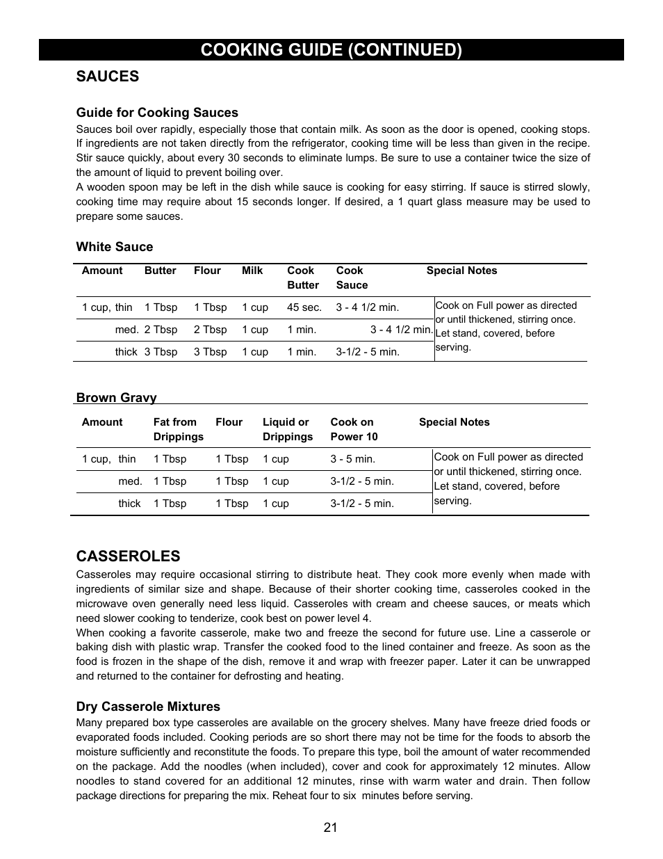 Cooking guide (continued), Sauces, Casseroles | Emerson Radio MW8780SS User Manual | Page 21 / 28