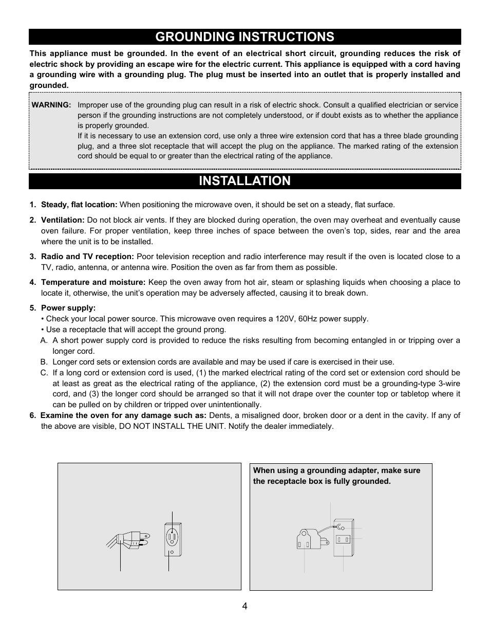 Grounding instructions installation | Emerson Radio MW8780SS User Manual | Page 4 / 28