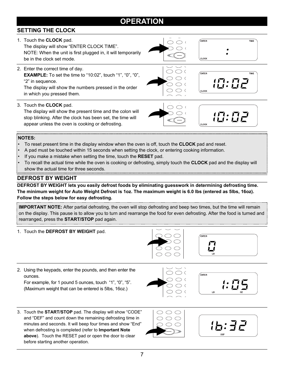 Operation, Setting the clock 7, Defrost by weight | Touch the defrost by weight pad | Emerson Radio MW8780SS User Manual | Page 7 / 28